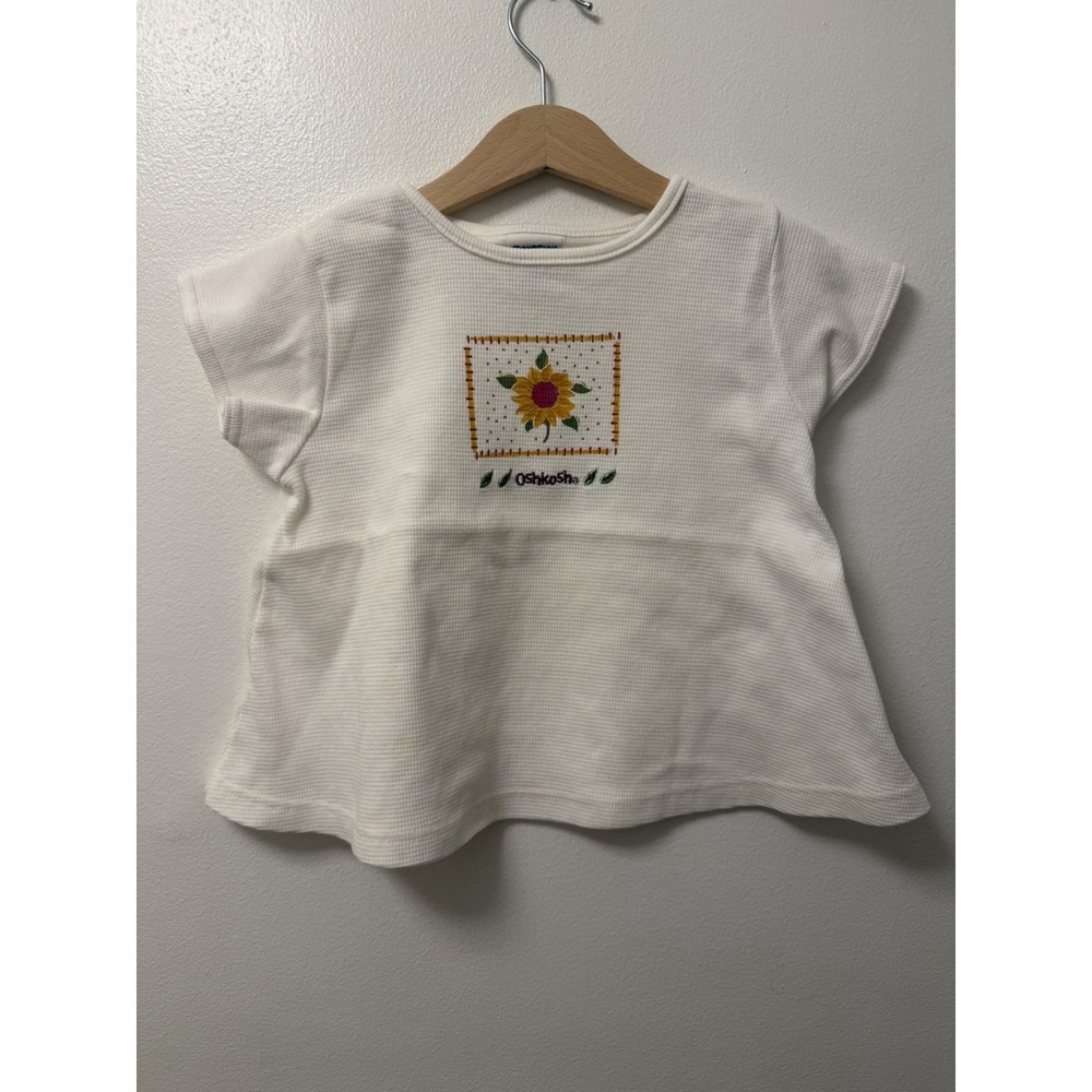 Vintage Oshkosh Sunflower Embroidered White Waffle Knit Dress Girls 5 USA Made